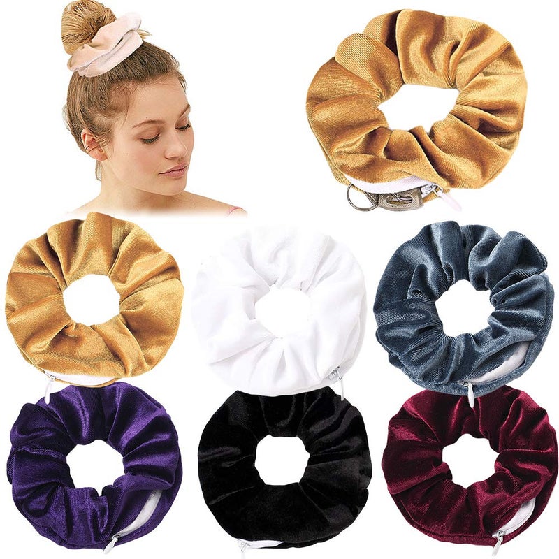 DINPREY Women's Velvet Scrunchies with Hidden Zipper Pocket - Soft Hair Ties and Elastic Bands for VSCO Girl Essentials (6 Pieces) - Image 2